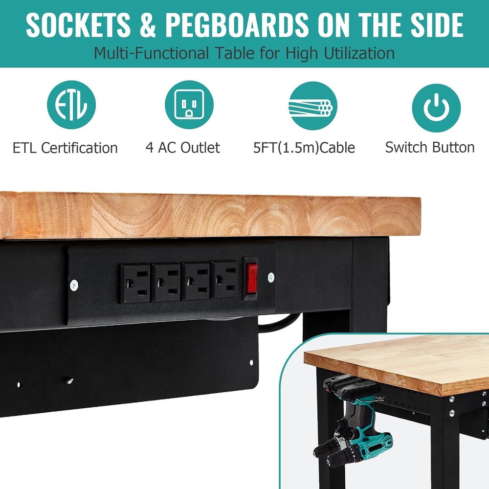 60" Workbench Adjustable Height Work Bench w/2Drawers Pegboard Pad 3000LB USA