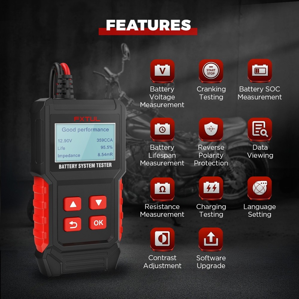 FXTUL BT50 Motorcycle Battery Load Tester 20-2000CCA Cranking Charging Analyzer