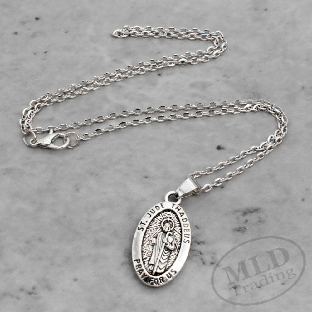 Saint St Jude Thaddeus Pray For Us Oval Silver Medal Pendant Necklace 18" Chain