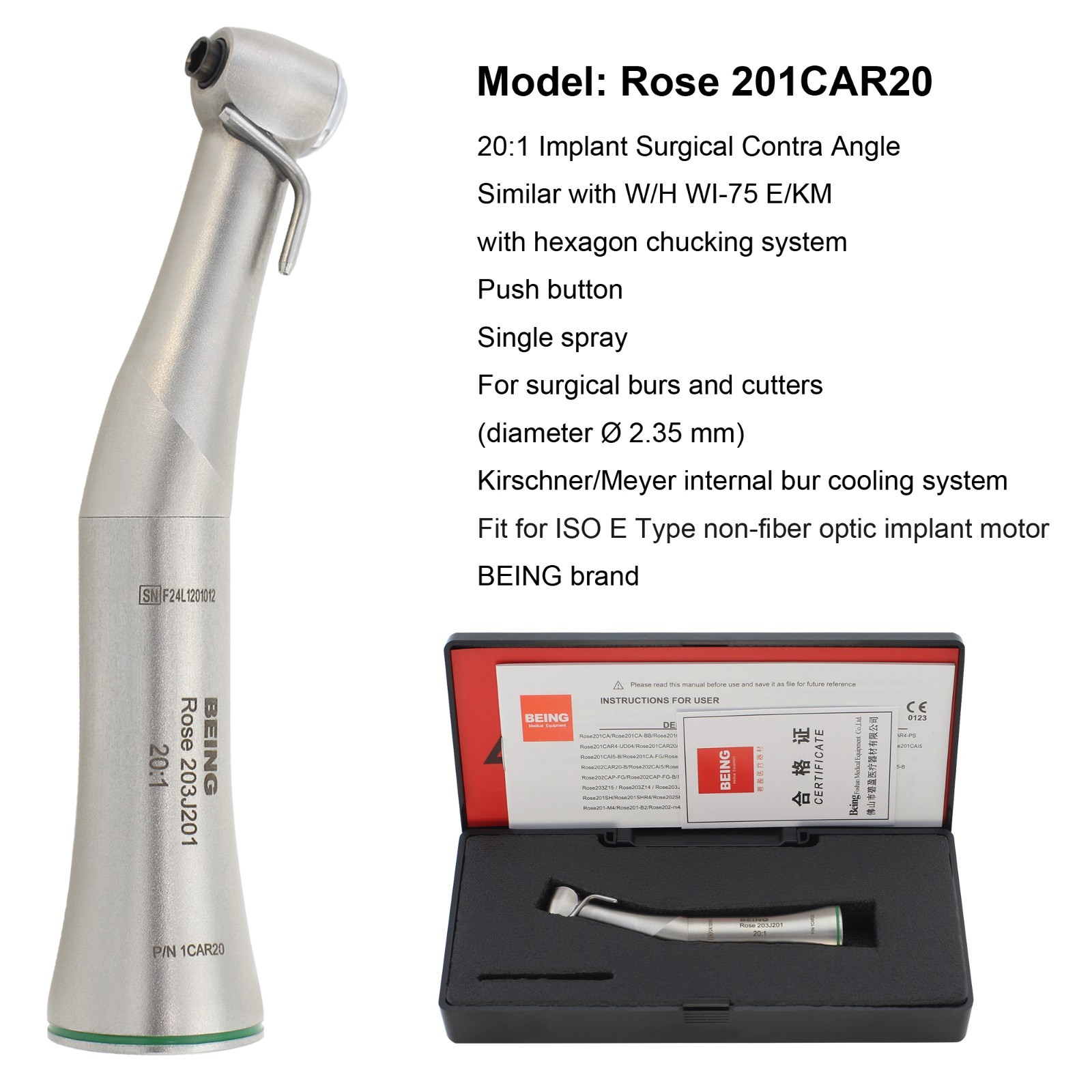 BEING Dental Surgical Straight Handpiece 20:1 Implant Contra Angle Fiber Optic