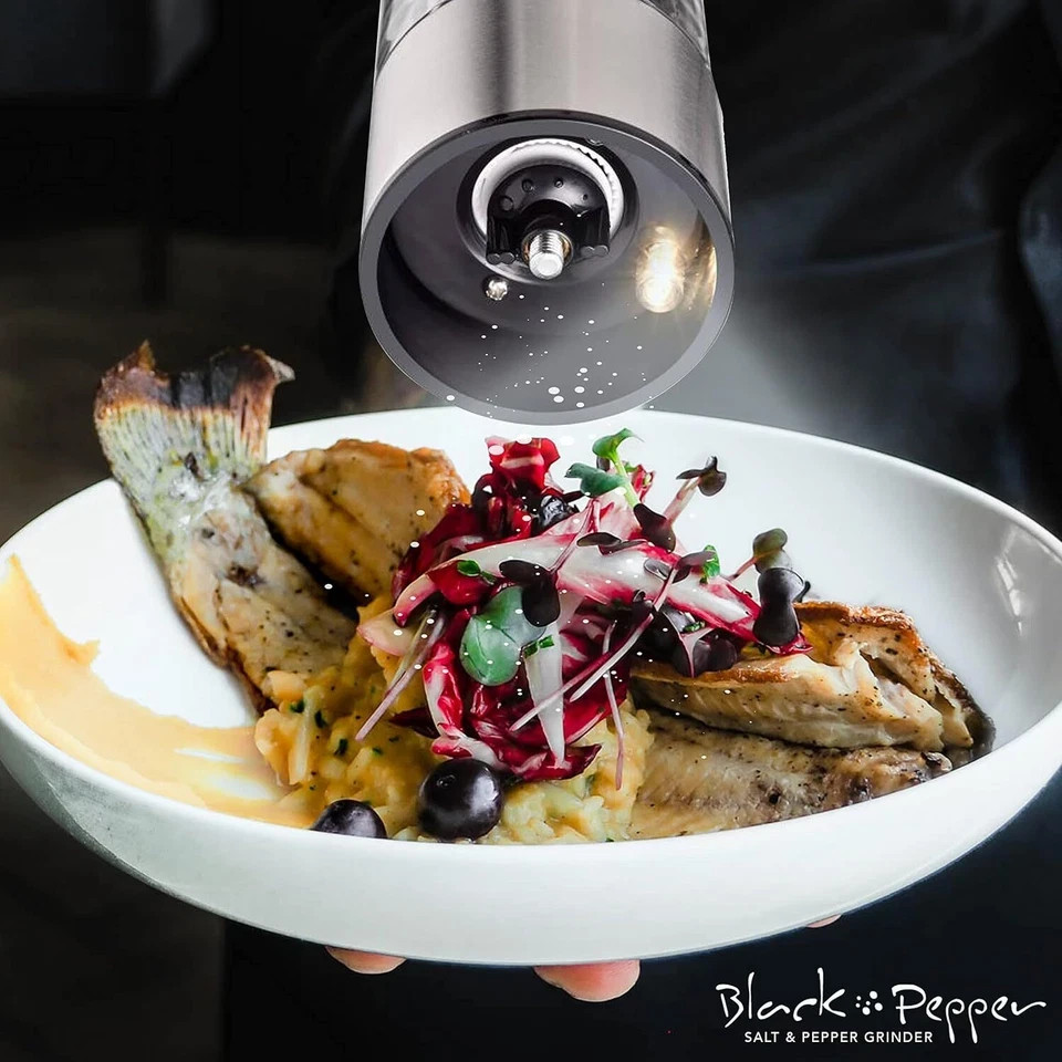 Adjustable Electric Salt Pepper Grinder Mill Shakers Set Stainless Steel (2PACK)