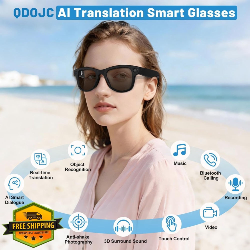 Smart Glasses w/ 4K Camera, Bluetooth, AI, Transition Lenses - Touch Control