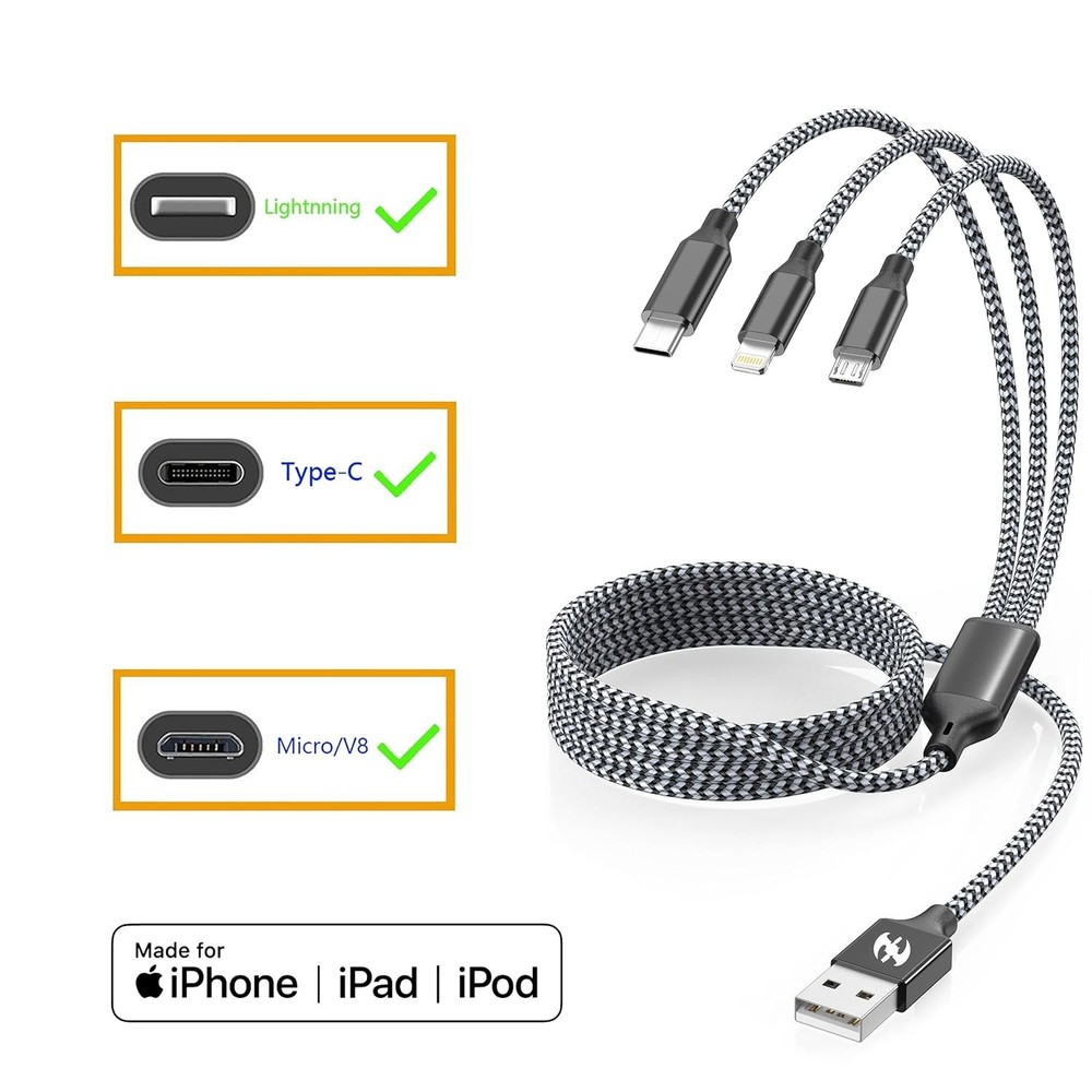 Multi Charging Cable 6ft 2Pack 3 in 1 Charger Cord, Multiple Rapid Nylon Braided