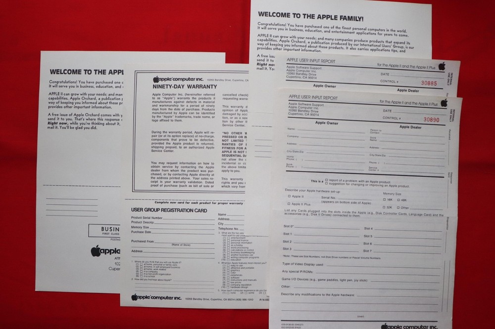 VINTAGE APPLE II COMPUTER WARRANTY, REGISTRATION, USER IMPUT FORMS