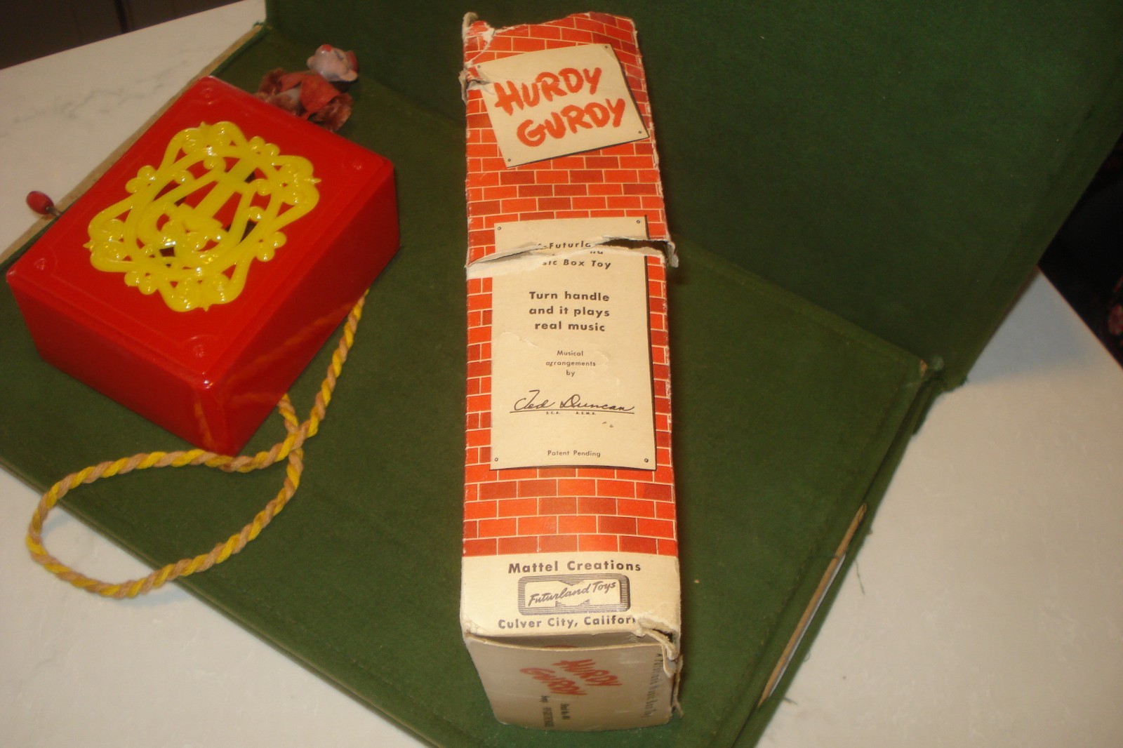 Vintage 1950's Hurdy Gurdy w/ Dancing Monkey Music Box Toy & Box Mattel, WORKS