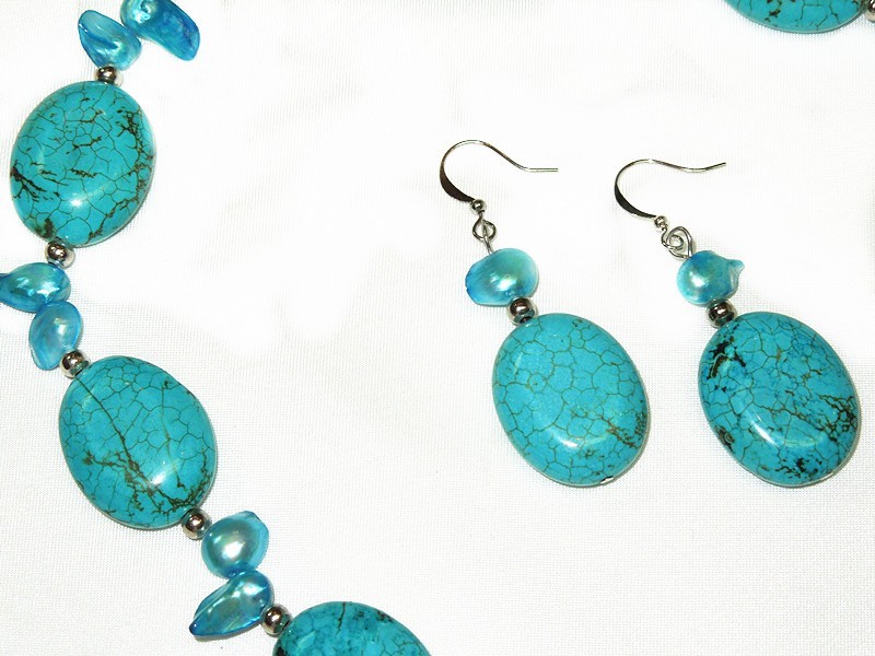 Natural Tibetan Turquoise Necklace Earrings Handcraft Chic Combine w. Pearl #GS9