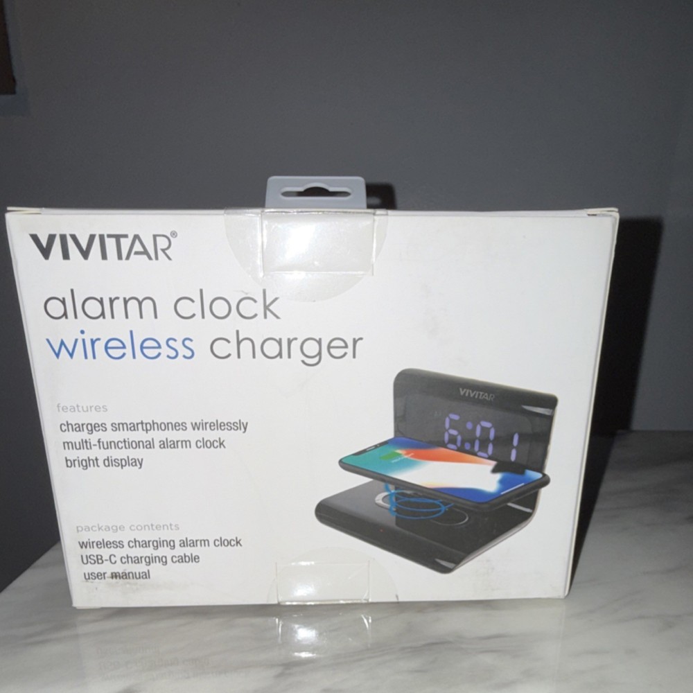 Vivitar Alarm Clock Wireless Charger Bright Digital Display Rectangular Black