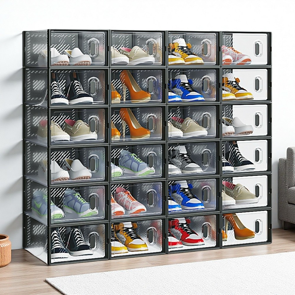 24-Pack Shoe Storage Boxes - Stackable, Door, Plastic Mesh, Black & Small Size