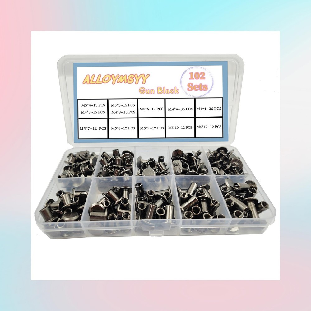 102 Sets Black Leather Rivets M5 Chicago Binding Screws Assorted Sizes Kit