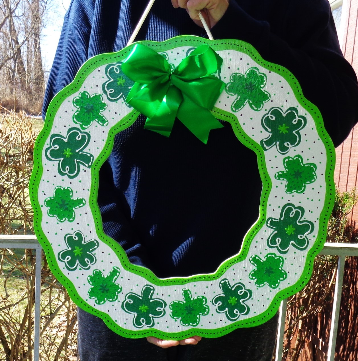 St. Patrick's Day Wreath Shaped 17.5" Door Sign Hand Painted Shamrocks