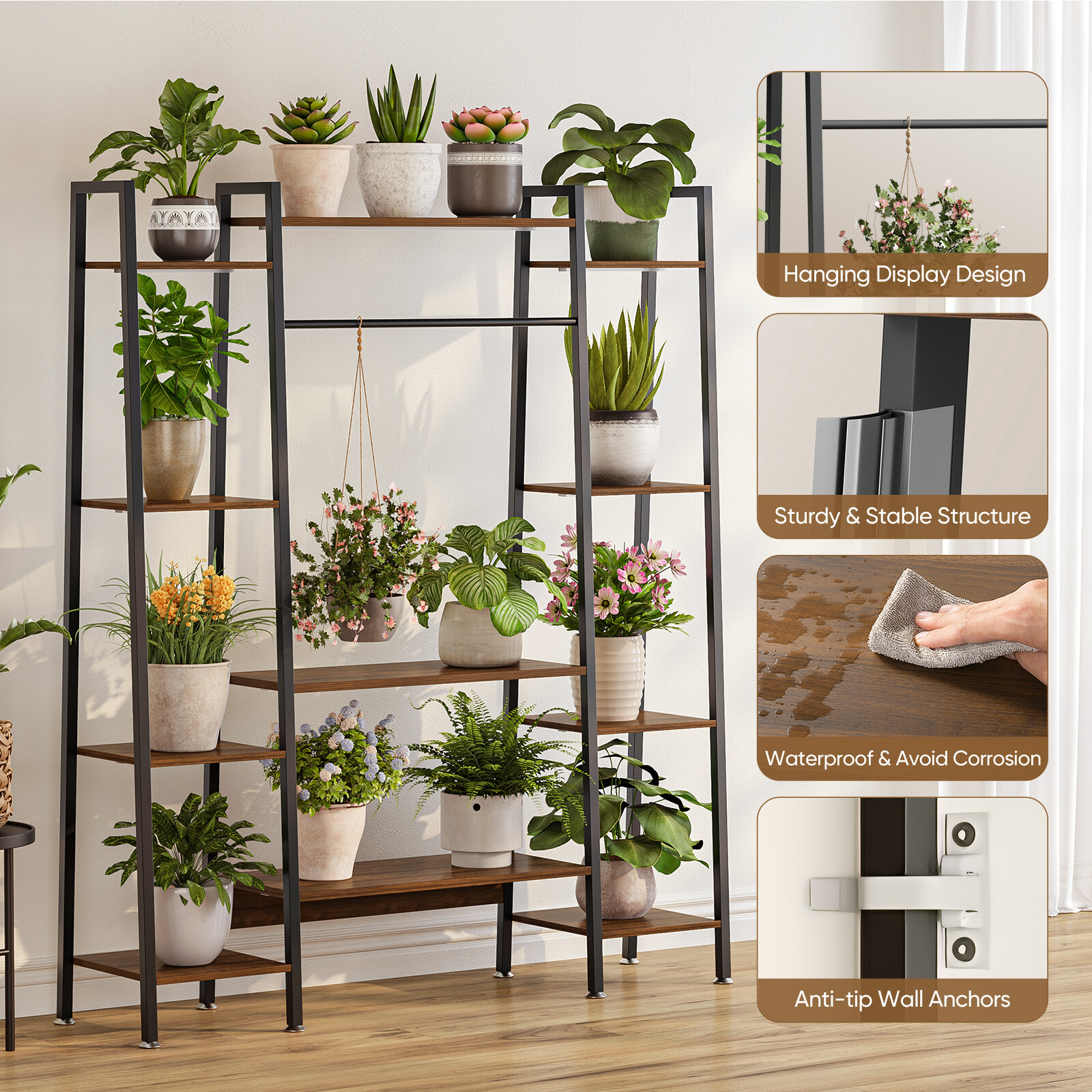 11 Tiers Plant Stand Holder Shelf with Grow Lights Tall Plant Display Rack Metal