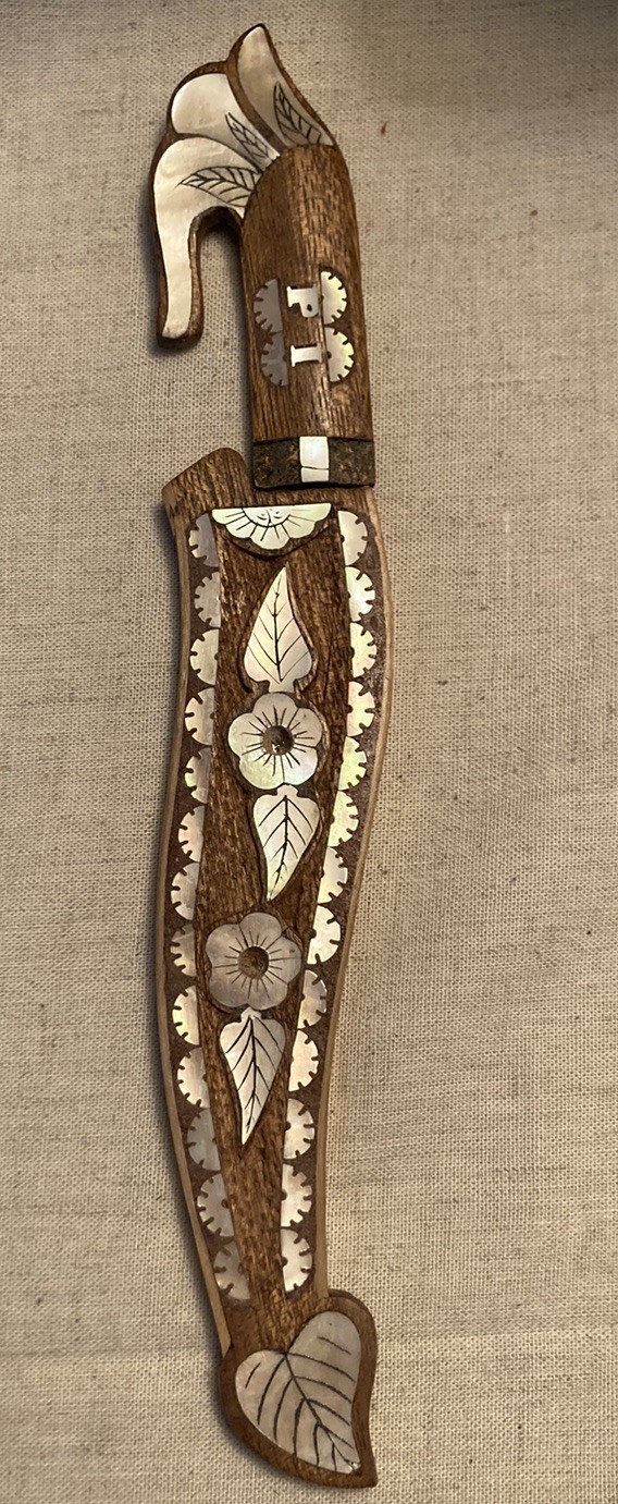 Vintage Philippines Bolo Knife w/ Sheath Scabbard Carved Wood & Mother Of Pearl