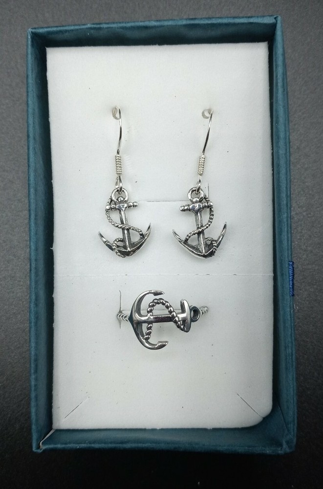New Solid Sterling Silver 925 Anchor Nautical Ring And Earring Set- ring sz 6