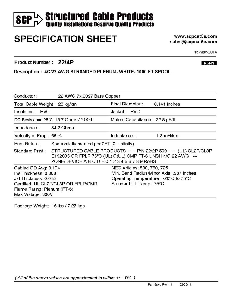 Structured Cable Products/SCP 22/4C Security/Control Cable Plenum White /100ft