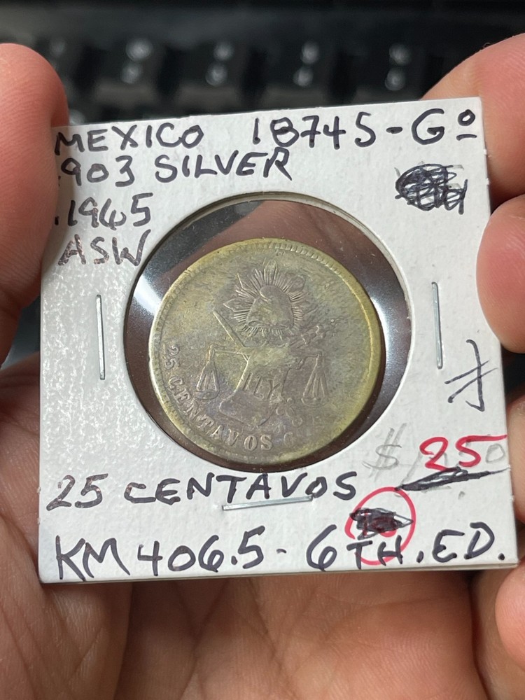1874 Mexico 25 Centavos Silver Coin