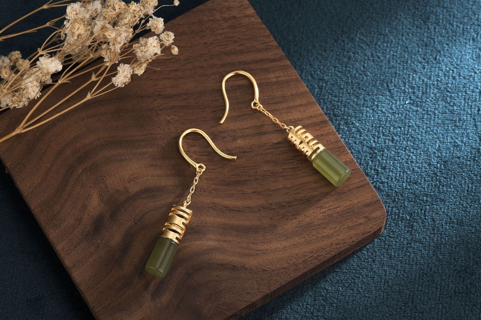 Green Jade Drop Dangle Earrings Gemstone Boho Minimalist Hook 18K Gold Plated