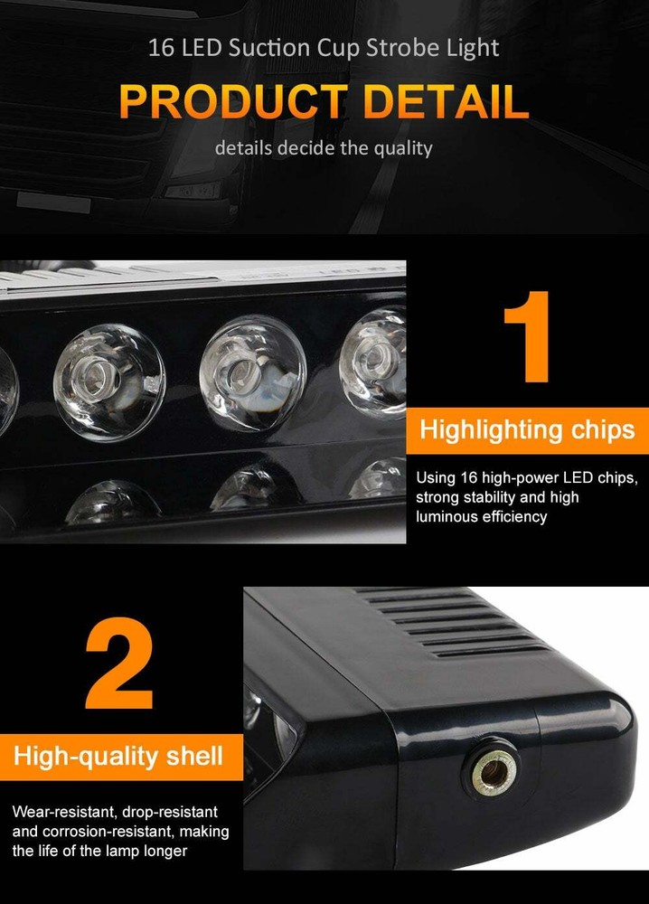 12 LED Strobe Light Emergency Suction Cup 14 Flash Modes