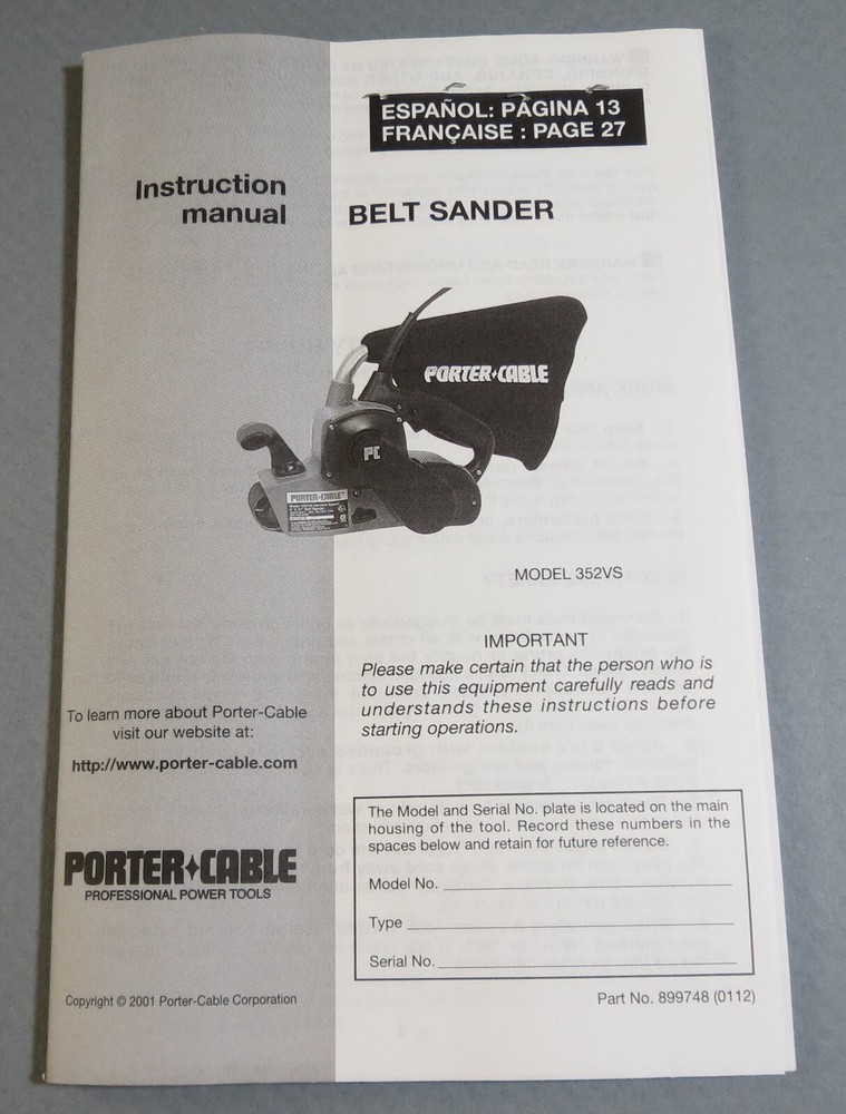 Porter Cable Belt Sander Model 352VS Instruction Manual Multilingual