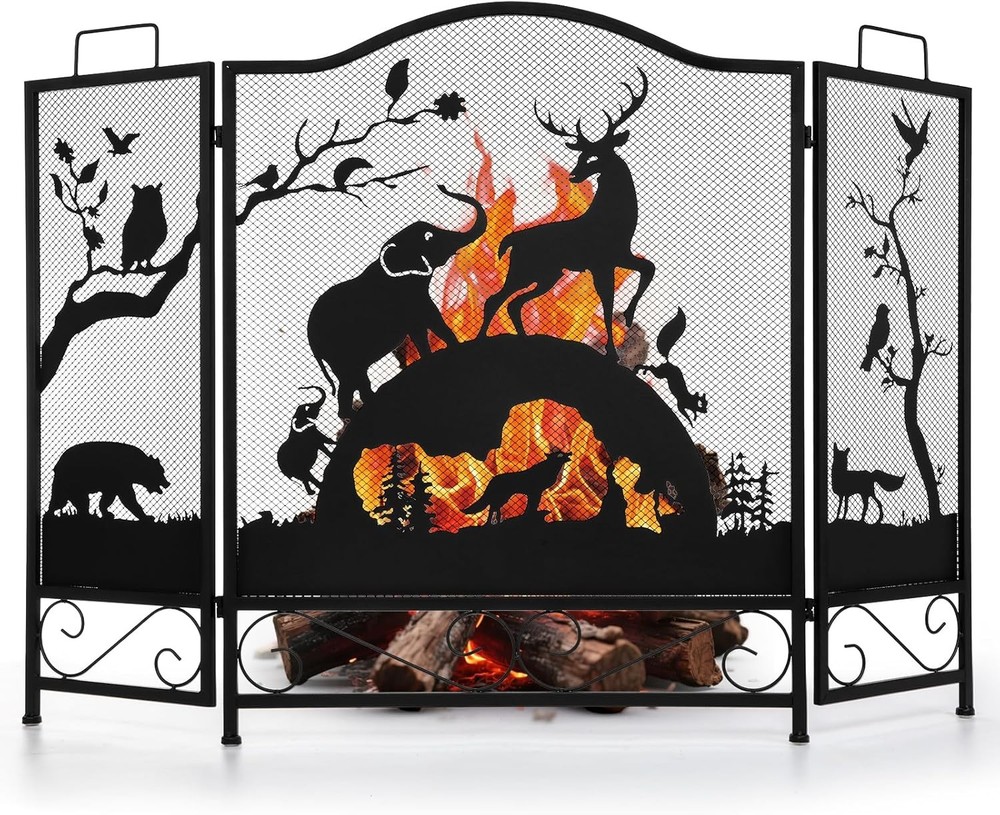3 Panel Fireplace Screens Decorative, 48"(L) X 32"(H) Wrought Iron Fire Place Sp