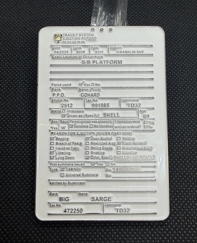 NYPD Transit Bureau District 32 Transit System Ejection Report Challenge Coin