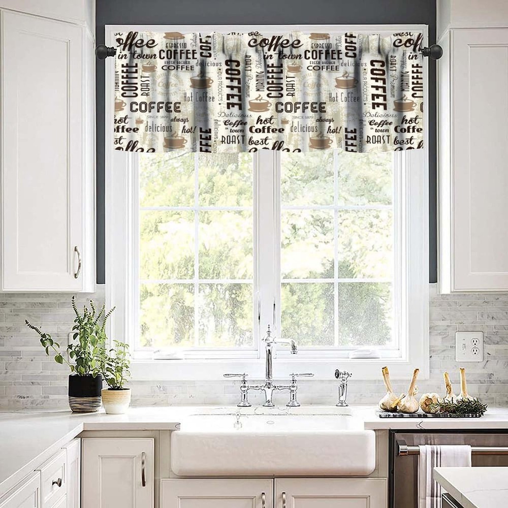 Coffee Kitchen Window Valance Curtains Rustic Coffee Theme Tea Cup Pattern Sh...
