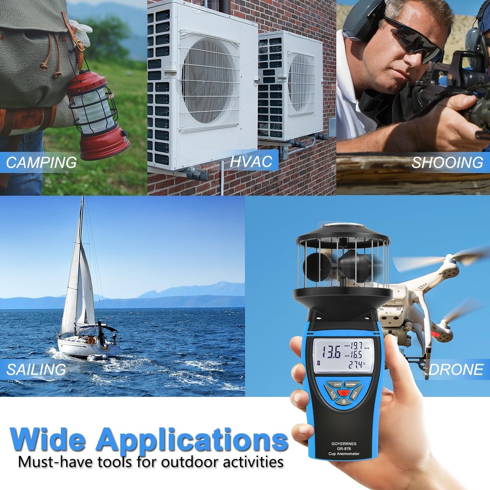 Handheld Cup Anemometer with Compass, 93MPH Digital Wind Speed Meter, CFM Air...