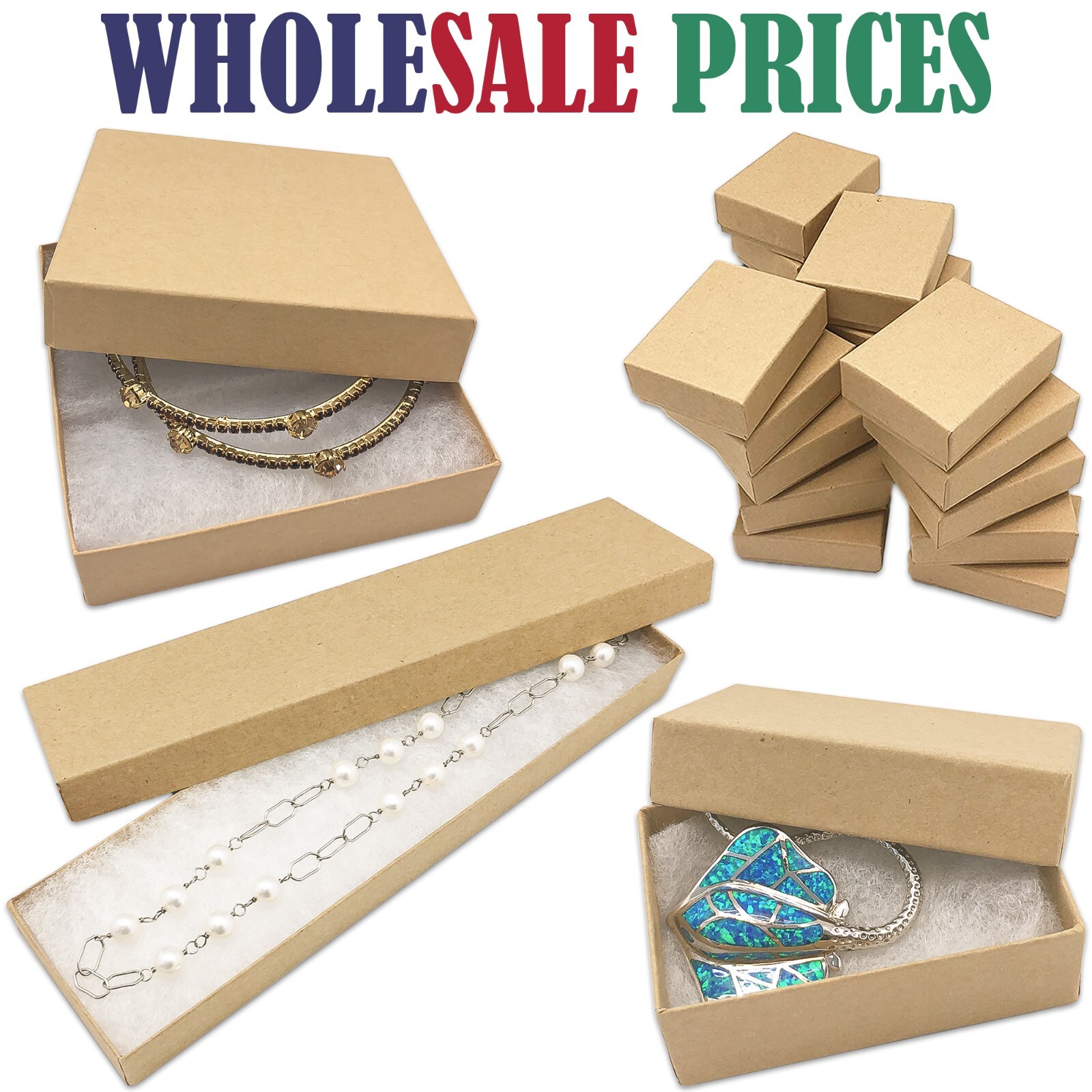 BULK Cardboard Kraft Paper JEWELRY GIFT BOXES Cotton Filled BROWN - for Shipping