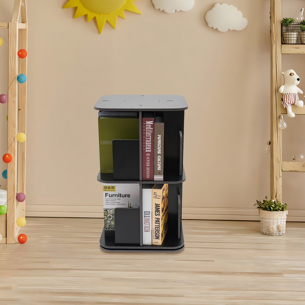 2 Tier Rotating Bookshelf 360 Bookcase Freestanding Storage Shelf Display Rack