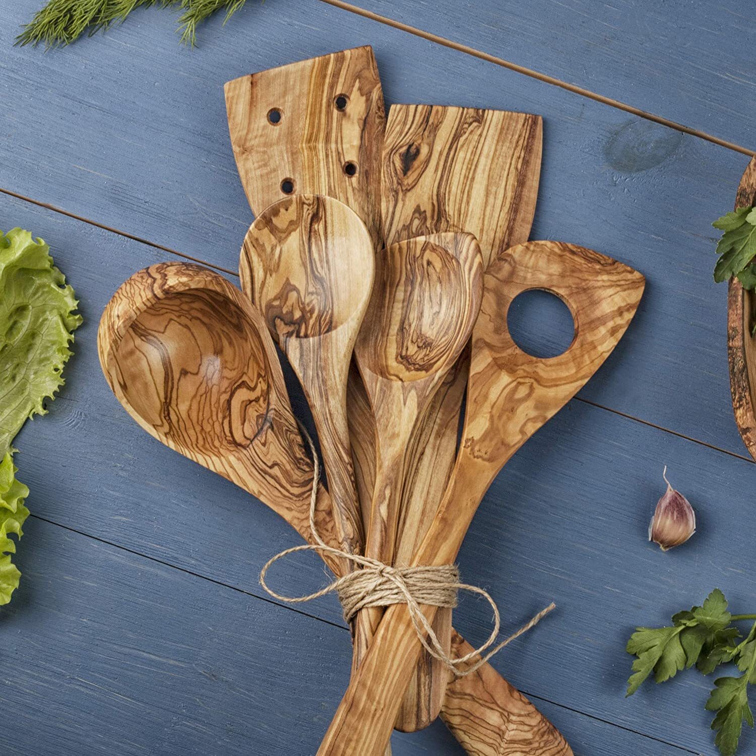 Olive Wood Utensils Set 6-Piece Wooden Kitchen Utensil Set