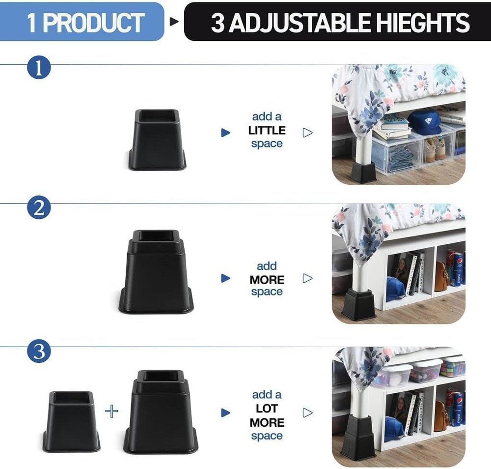Adjustable Bed Risers - Elevation in 3, 5 or 8 Inch - Heavy Duty Stackable Furni