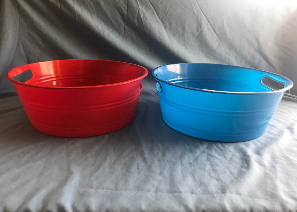 2 Blue & Red Round Plastic Storage Barrel Baskets / Bins / Pails / Buckets