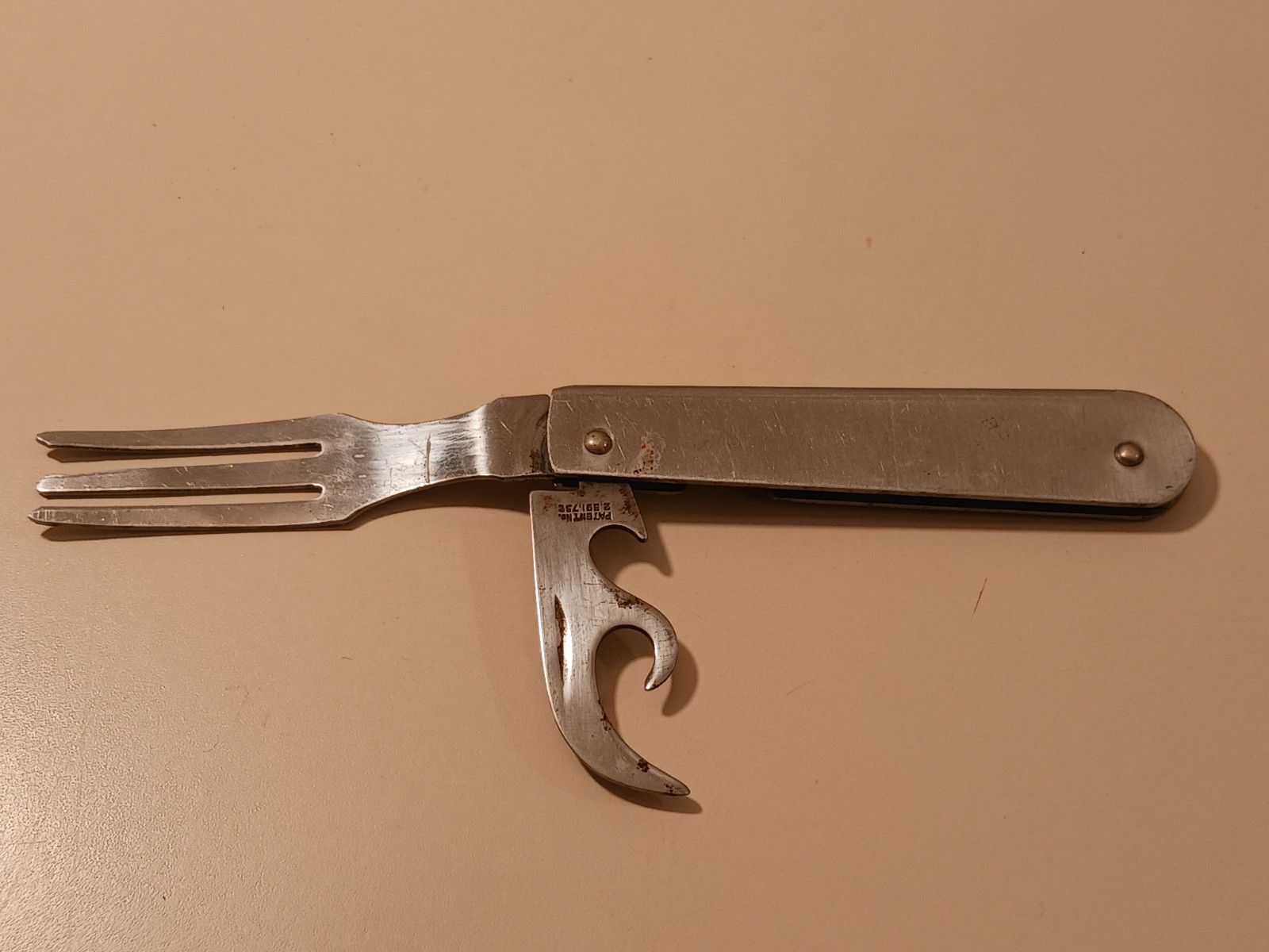 Vintage Imperial USA Folding Fork Can Opener Tool 1945 Patent 2391732 Mess Kit