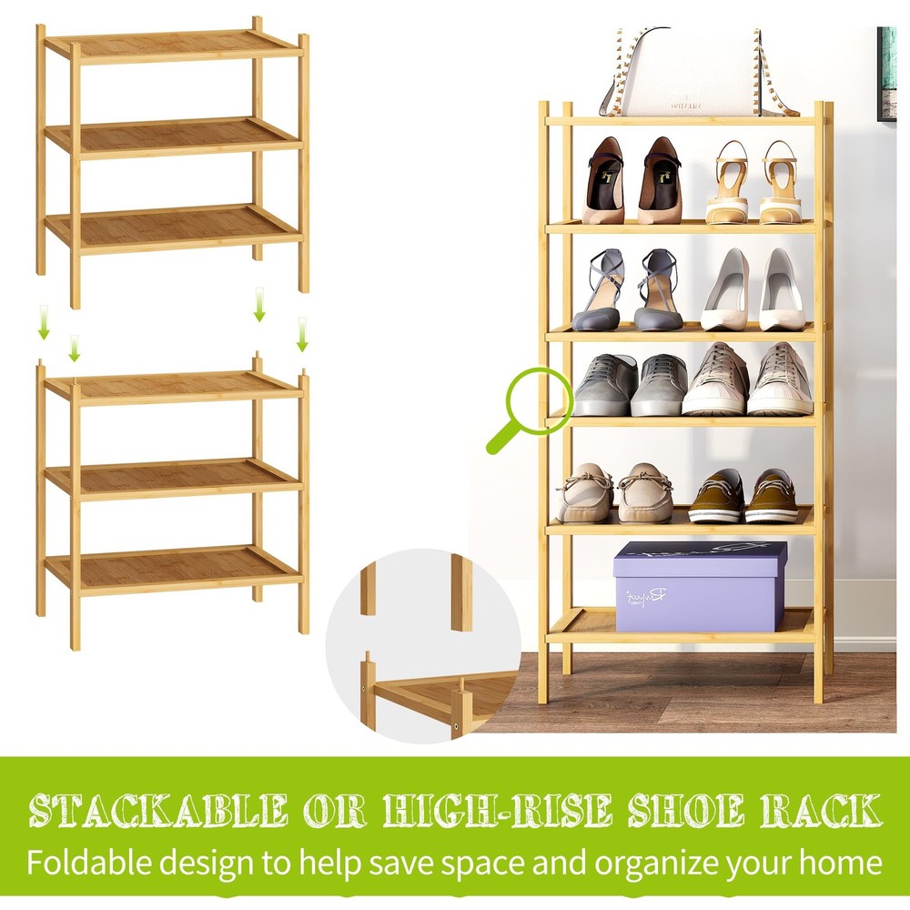 6-Tier Bamboo Small Shoe Rack Premium Stackable Shoe Shelf Storage Organizer ...