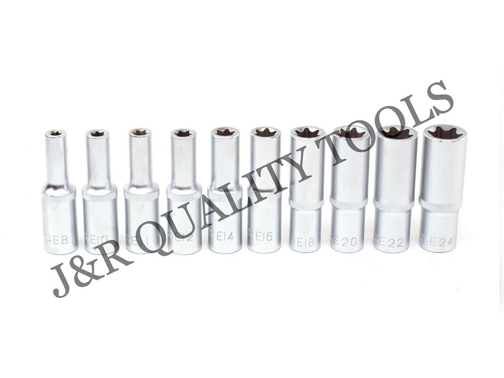 10pc 1/2" DR Female E Star Deep Socket Torx Auto Tool E8-E24 With Socket Holder