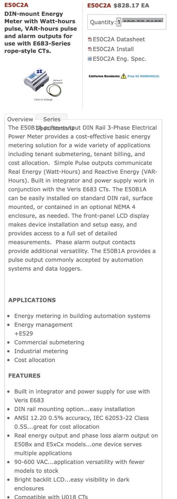 VERIS Enernoc DIN Rail Mount Compact Power Meter E50C2A-E5 E50 Series Made in US