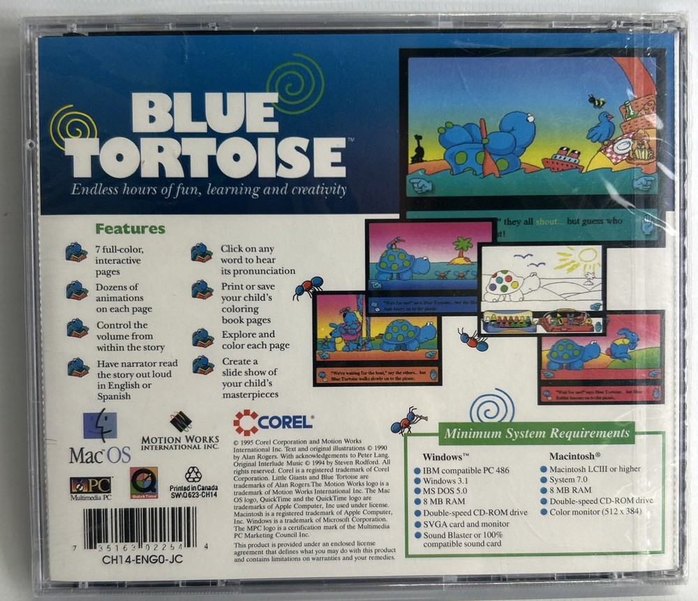 Blue Tortoise (Corel Software, 1995, CD-ROM) Children's Coloring Software - NEW