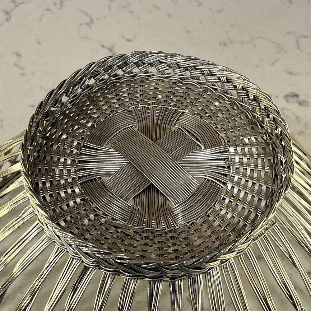 Vintage Silver Woven Wire Basket - MCM Gallia Style Fruit Bread Bowl 80s Decor