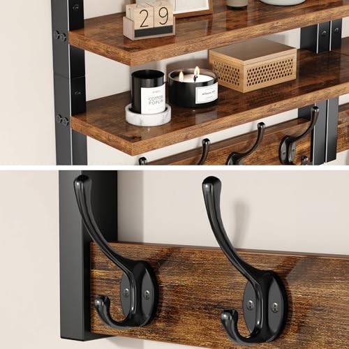 Coat Rack Wall Mount with Shelf, Two-Tier Wall Shelf Mounted with Rustic Brown
