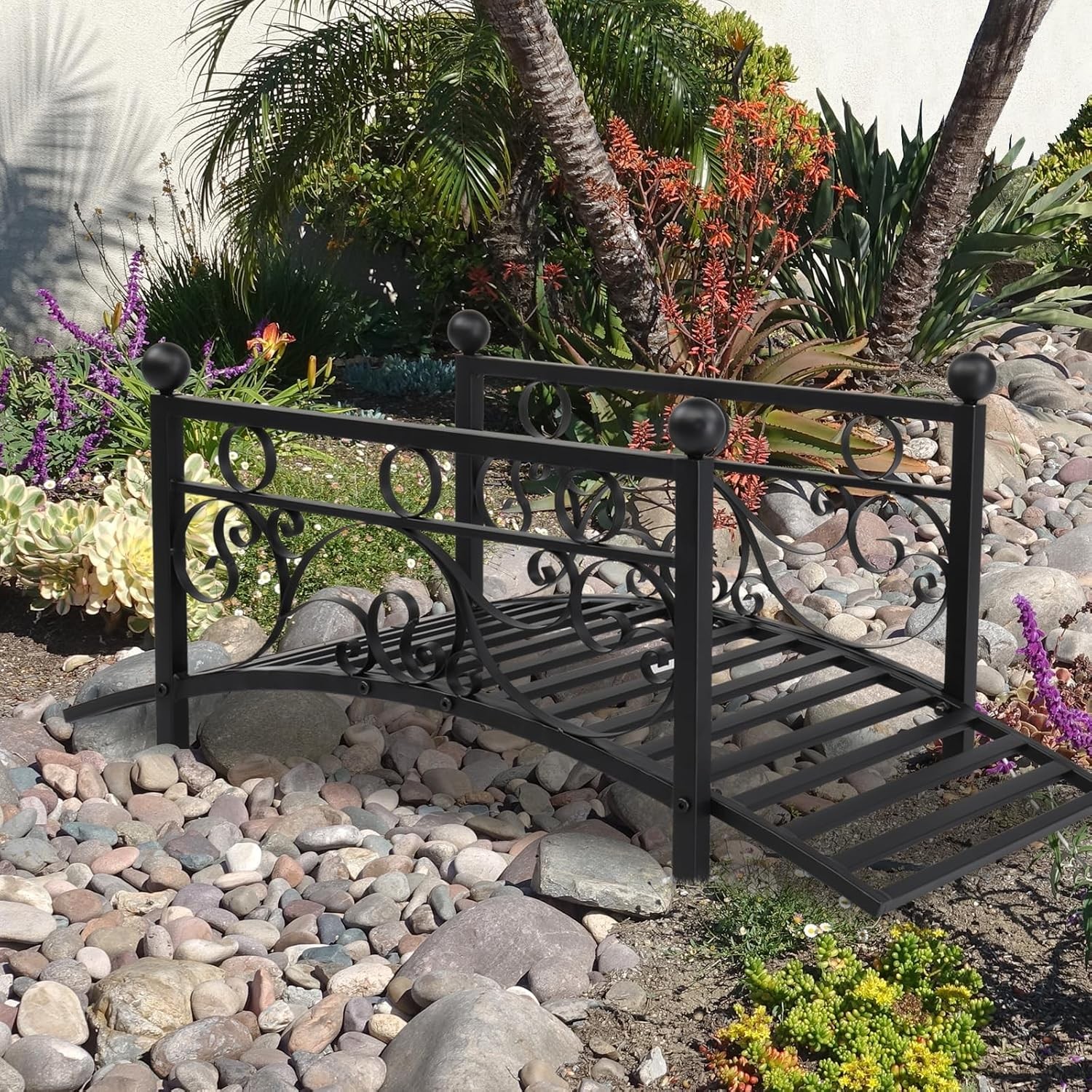 Outdoor Metal Arch Garden Bridge w/Safety Siderails, Decorative Iron Footbridge