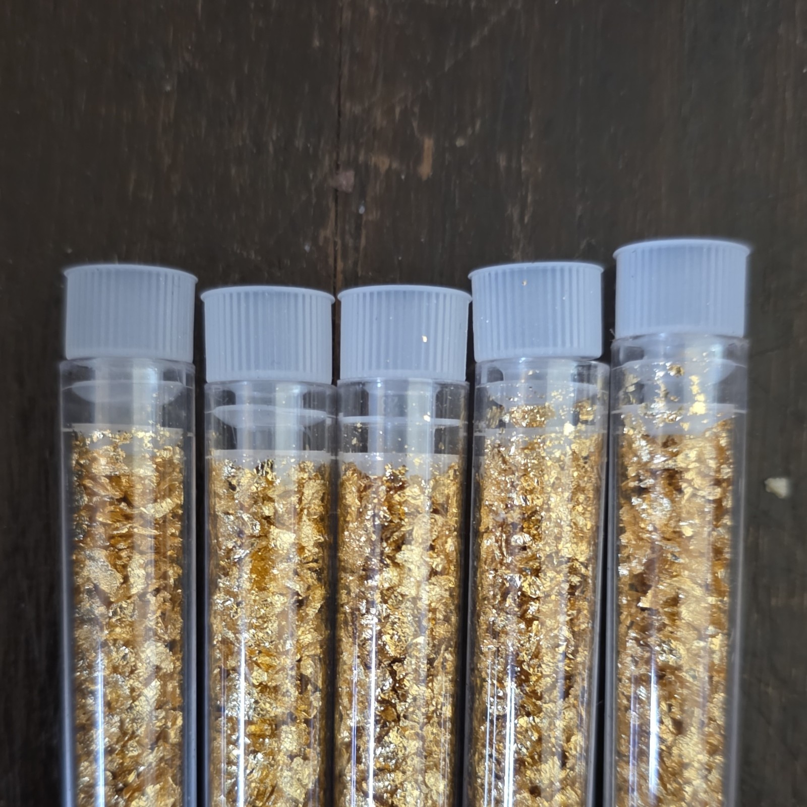 Gold Flakes Real Gold in Plastic Vials Set of 5 Collectible Display Bottles