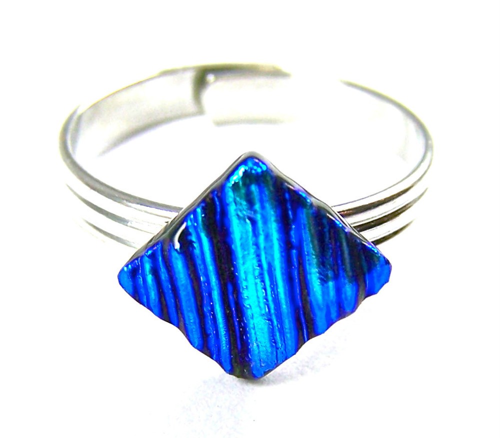 Dichroic Glass Ring Adjustable Tiny 1/4" 7mm Medium Blue Teal Ripple Texture