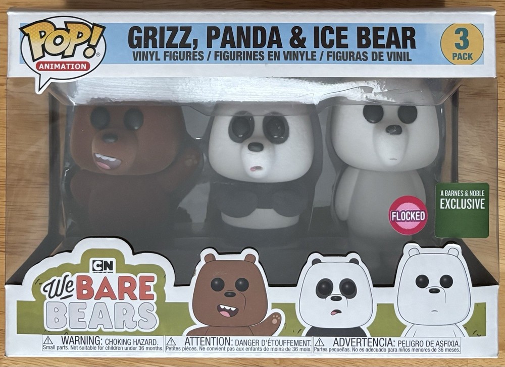 Funko Pop! Animation CN We Bare Bears B&N Exclusive Flocked 3 Pack, New In Box