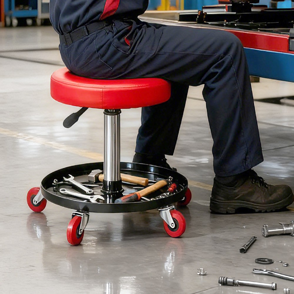 Rolling Garage Stool Adjustable Height Mechanic Work Seat w/ Tool Tray Storage
