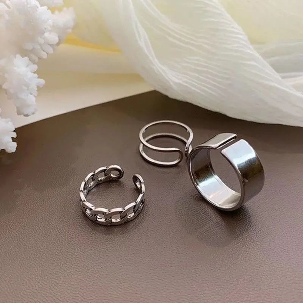 Silver Adjustable Rings Set Geometry Finger Ring Sets 3Pcs/set Round Ring Cool ๑