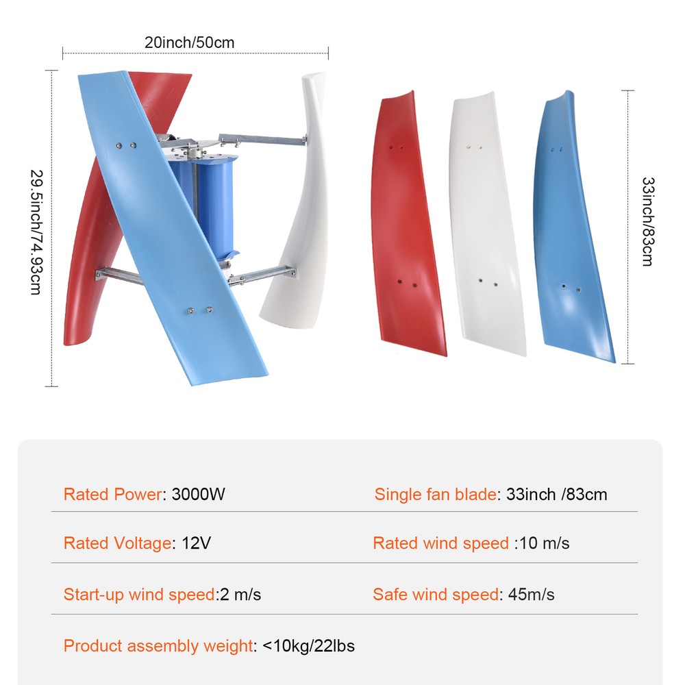 3000W Vertical Axis Wind Turbine Generator with Controller Kit Max 12V/24V
