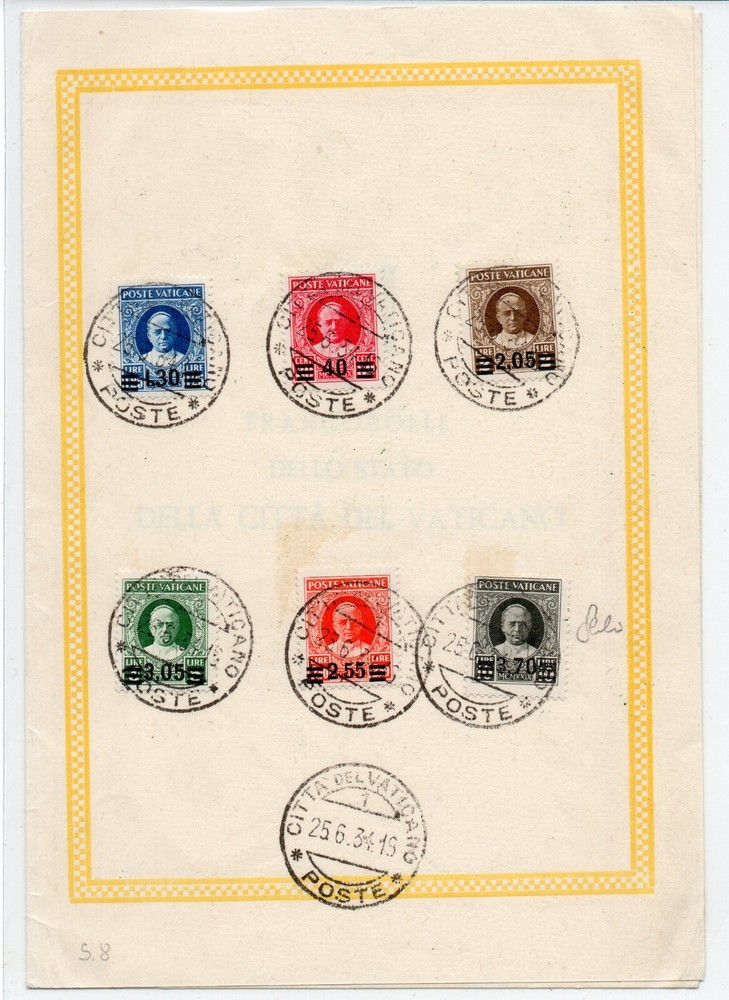 VATICAN 1934 PROVISIONAL 6 VALUES (o) on folder Vatican CERT. CILIO