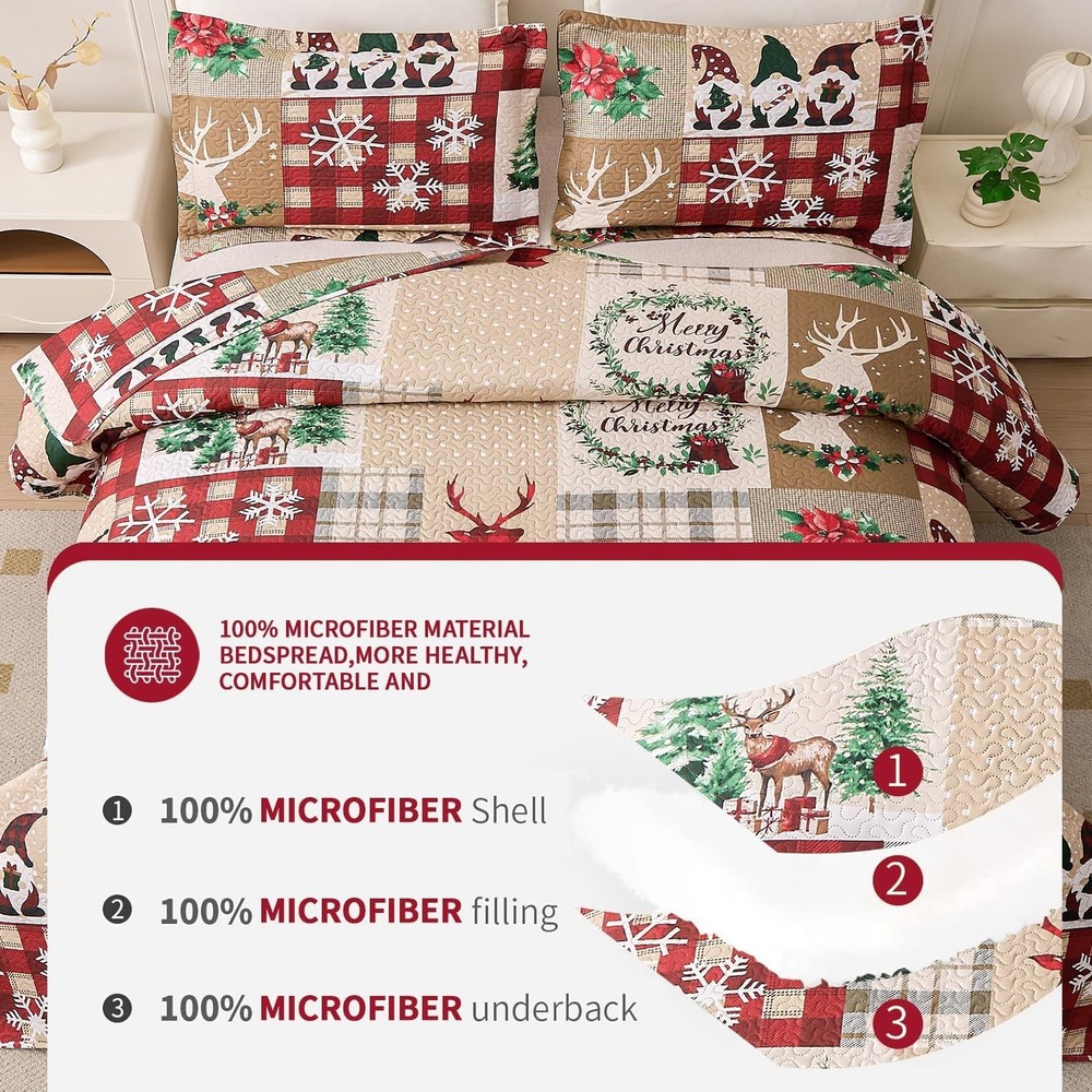 3-Piece Christmas Quilt Set Queen - Luxurious Microfiber with Patchwork Charm