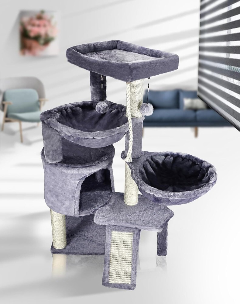 3-Layer Cat Tree Multi-Level Activity Center Cat Condo and Two Hammocks Grey