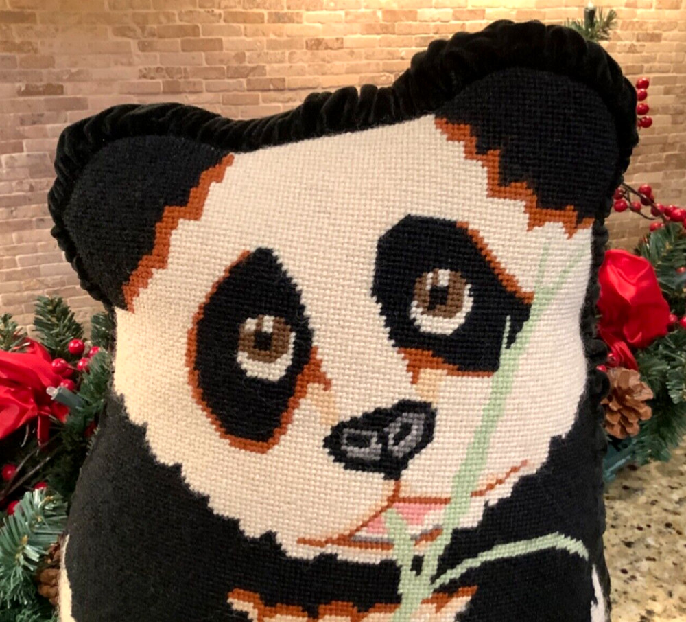 Completed Handmade Needlepoint Large 15” Stuffed Panda Decor~Sitter~Door Stop