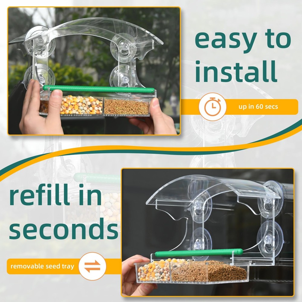 Window Bird Feeder with 4 Strong Suction Cups, Feeder, Clean